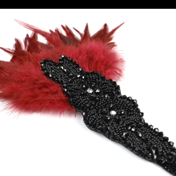 Rhinestones & Feather Headband New 1920's Style Black /Wine - Picture 3 of 7